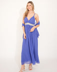 Strappy Chiffon Maxi Dress with Sequin waist detail and scarf (BLUE)