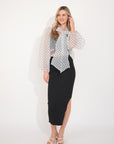 White color Oversized Organza shirt in polka dot print with bow design