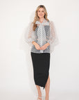 White color Oversized Organza shirt in polka dot print with bow design