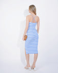 Knitted stripe print with straps design midi bodycon dress in Blue