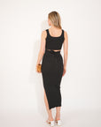 Knitted bodycon style vest top with tie up design and midi pencil skirt co-ords set in black