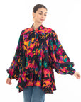 Wild Bloom multi color print oversized shirt with tie up bow design in black