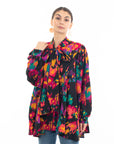 Wild Bloom multi color print oversized shirt with tie up bow design in black
