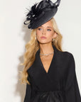 Fascinator With Feather & Sculptural Loop Detail In Black
