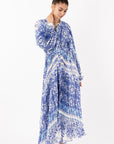 Blue monochrome scarf print pleated long shirt dress