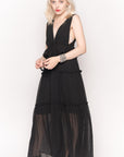 Deep V Neck Sleeveless Maxi Dress with Ruffles in Black Spot
