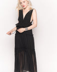 Deep V Neck Sleeveless Maxi Dress with Ruffles in Black Spot