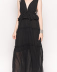 Deep V Neck Sleeveless Maxi Dress with Ruffles in Black Spot