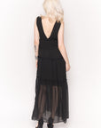 Deep V Neck Sleeveless Maxi Dress with Ruffles in Black Spot
