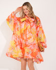 Oversized Pink Floral Print Billow Dress With Blouson Sleeves