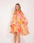 Oversized Pink Floral Print Billow Dress With Blouson Sleeves