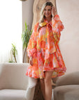 Oversized Pink Floral Print Billow Dress With Blouson Sleeves
