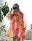 Oversized Pink Floral Print Billow Dress With Blouson Sleeves