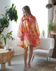 Oversized Pink Floral Print Billow Dress With Blouson Sleeves