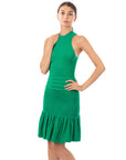 High Neck Pleated Metallic Bodycon Dress Knee Length In Green
