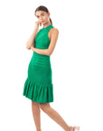High Neck Pleated Metallic Bodycon Dress Knee Length In Green