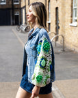 Handknit Floral Patten Sleeves Denim Jacket in Green