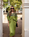 Green Leopard print color blocking Print Pleated Dress in Kimono sleeves