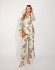 Multi-leaves' print shirt and trousers in soft linen fabric in Green