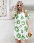 Floral print cotton blend linen holiday dress in Green