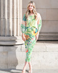 Leaves and Floral Scarf Pirnt Pleated Dress in Kimono sleeves in green
