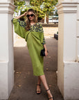 Green Leopard print color blocking Print Pleated Dress in Kimono sleeves