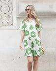 Floral print cotton blend linen holiday dress in Green