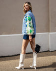 Handknit Floral Patten Sleeves Demin Jacket in Green