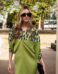 Green Leopard print color blocking Print Pleated Dress in Kimono sleeves