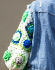 Handknit Floral Patten Sleeves Demin Jacket in Green