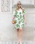 Floral print cotton blend linen holiday dress in Green