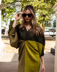 Green color blocking Print Pleated Dress in Kimono sleeves