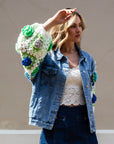 Handknit Floral Patten Sleeves Demin Jacket in Green