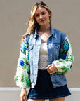 Handknit Floral Patten Sleeves Denim Jacket in Green