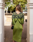 Green Leopard print color blocking Print Pleated Dress in Kimono sleeves