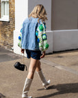 Handknit Floral Patten Sleeves Denim Jacket in Green