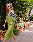 Green Leopard print color blocking Print Pleated Dress in Kimono sleeves
