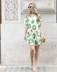Floral print cotton blend linen holiday dress in Green