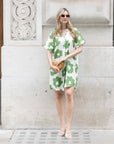 Floral print cotton blend linen holiday dress in Green