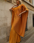 Pleated Wide-Leg Trousers with Adjustable Draped Top Set in Yellow