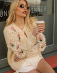 Hand-Knit Textured Floral Cardigan In Cream
