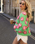 Hand Knit Statement Crochet Flower Cardigan