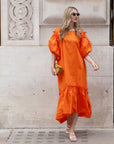 Oversized Puff Sleeves ruffle hem design Maxi dress in ORANGE