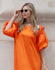 Oversized Puff Sleeves ruffle hem design Maxi dress in ORANGE