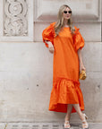 Oversized Puff Sleeves ruffle hem design Maxi dress in ORANGE