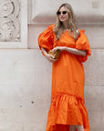 Oversized Puff Sleeves ruffle hem design Maxi dress in ORANGE