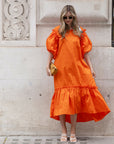Oversized Puff Sleeves ruffle hem design Maxi dress in ORANGE