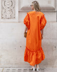 Oversized Puff Sleeves ruffle hem design Maxi dress in ORANGE