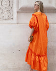 Oversized Puff Sleeves ruffle hem design Maxi dress in ORANGE