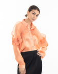 Pleated ruffles with multi dimoned stone embellished sleeves design organza shirt in peach